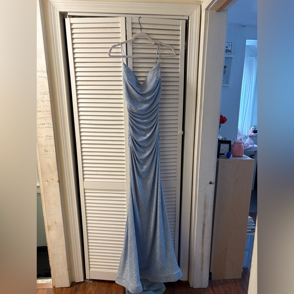 Windsor Shimmery Light Blue Cowl-Front Maxi Dress